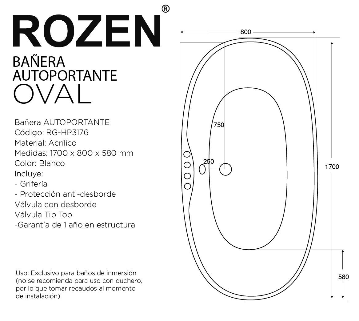 Bañera Autoportante con Grifería Oval