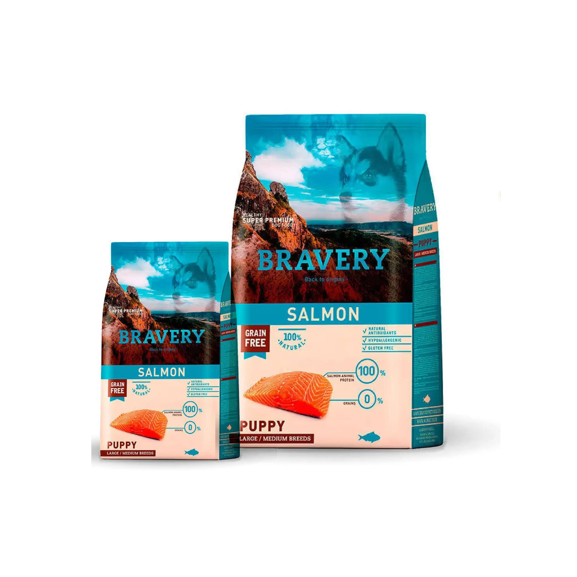 Bravery Perro Cachorro Grande/Med Salmón 12kg + 4kg REGALO!