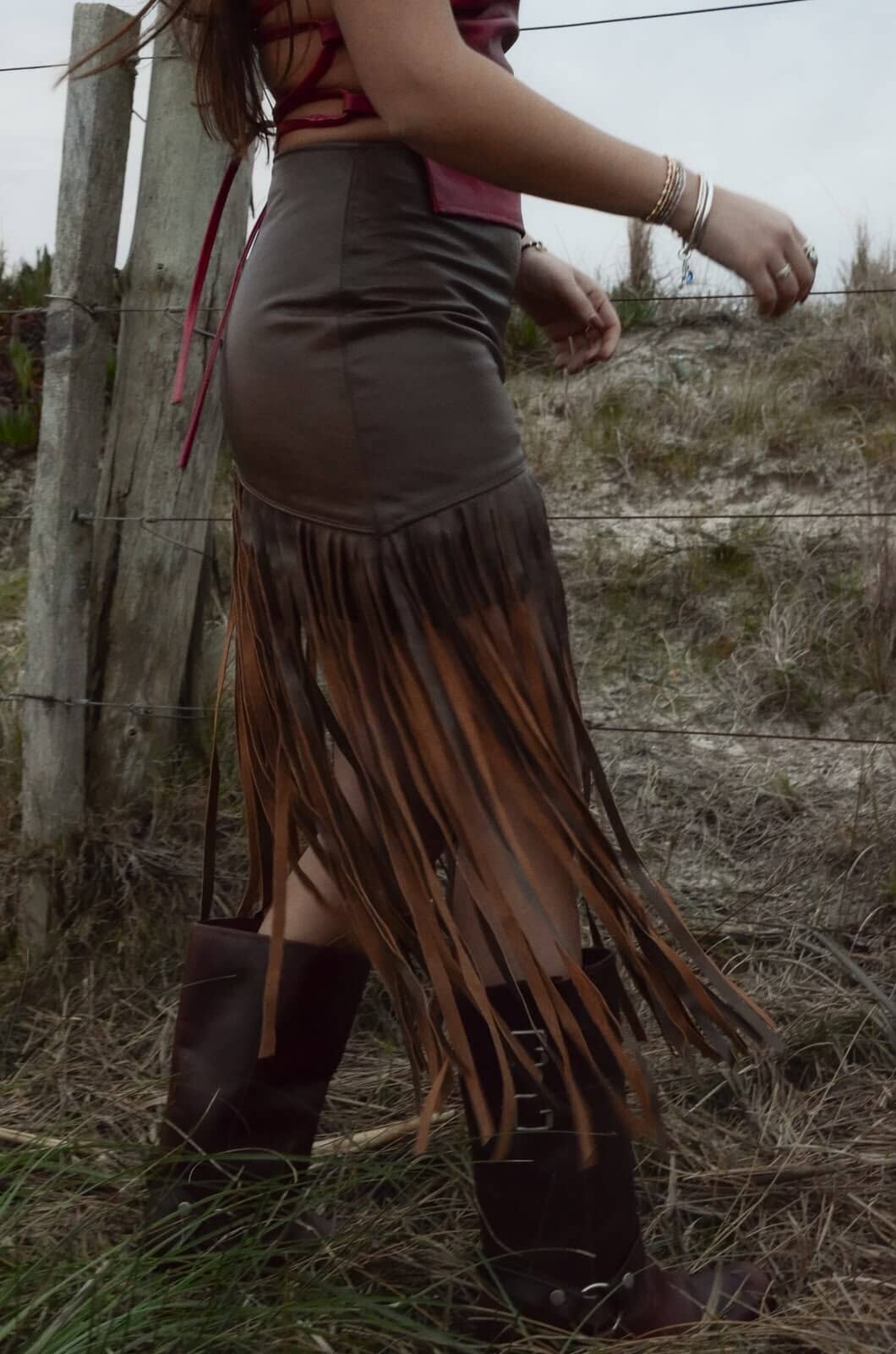 Leather Fringes Brown Skirt