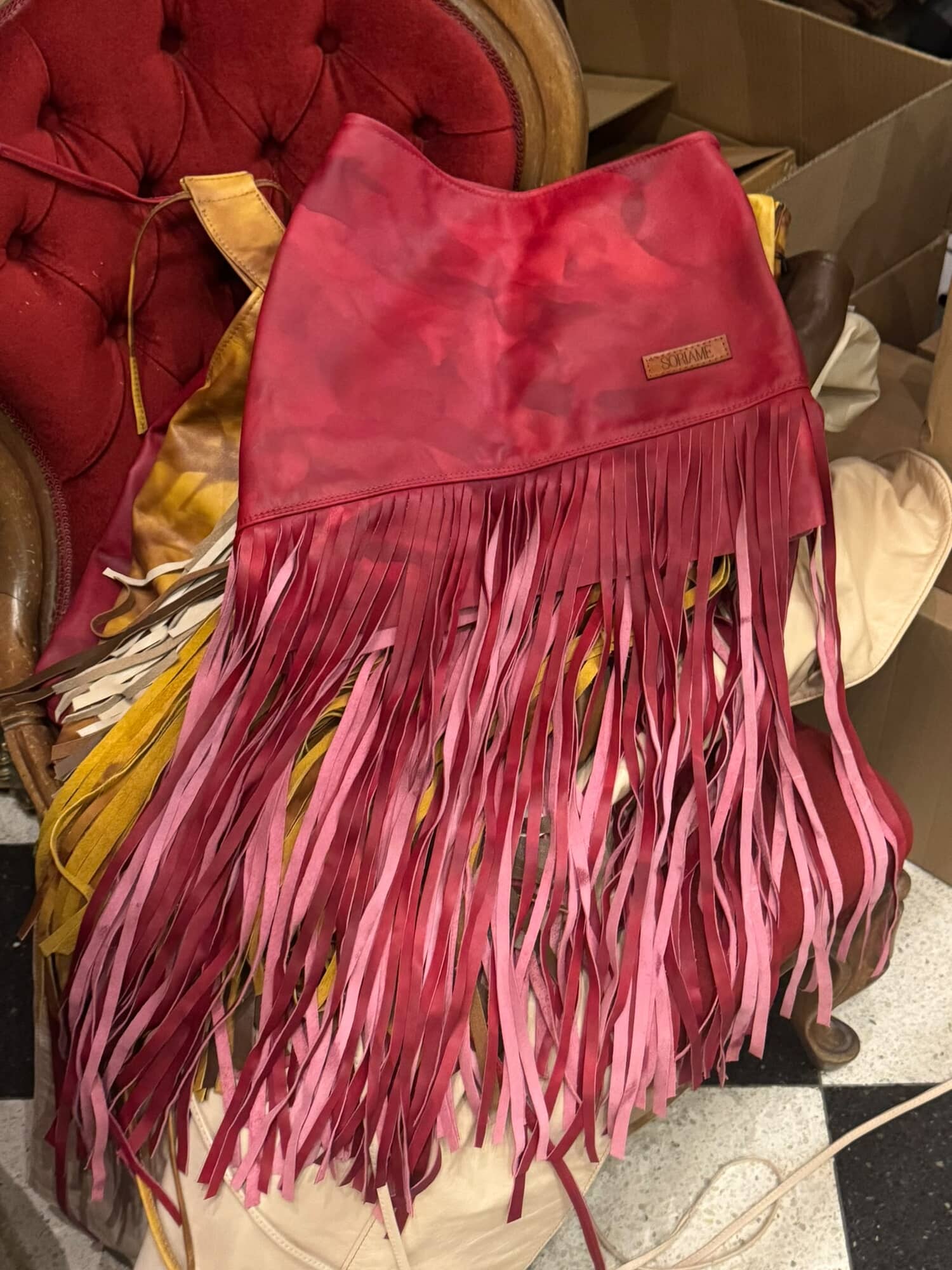 Leather Fringes Skirt Marmolado Rojo