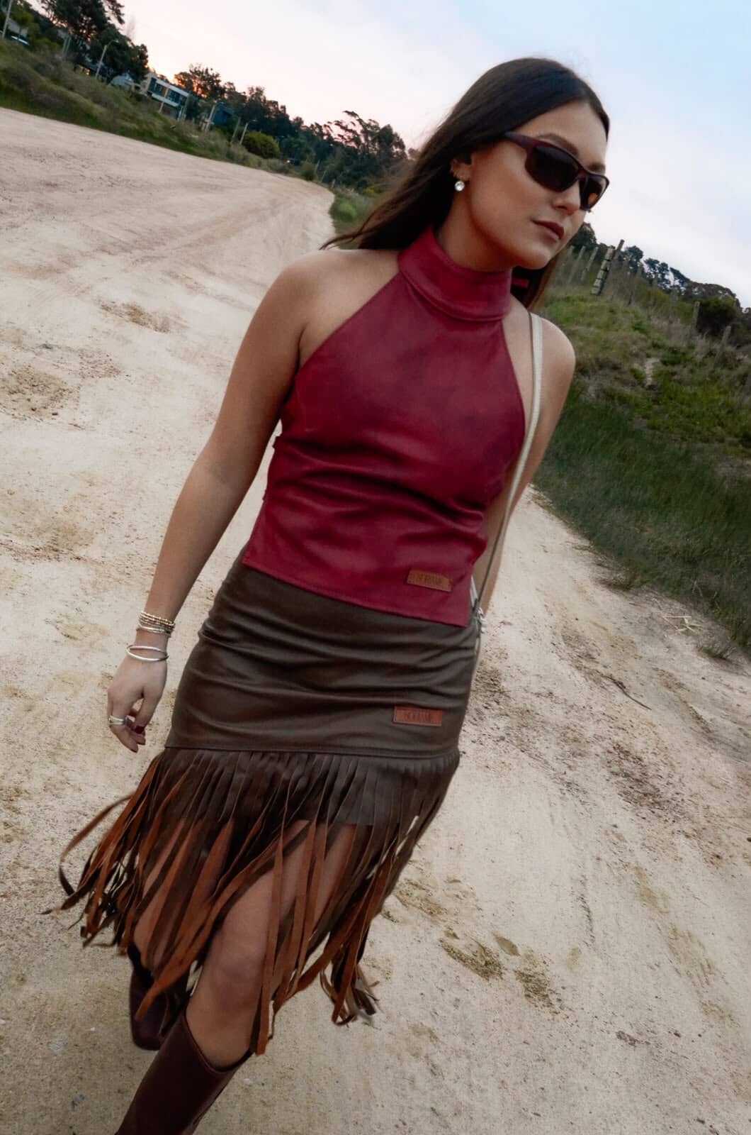 Leather Fringes Brown Skirt