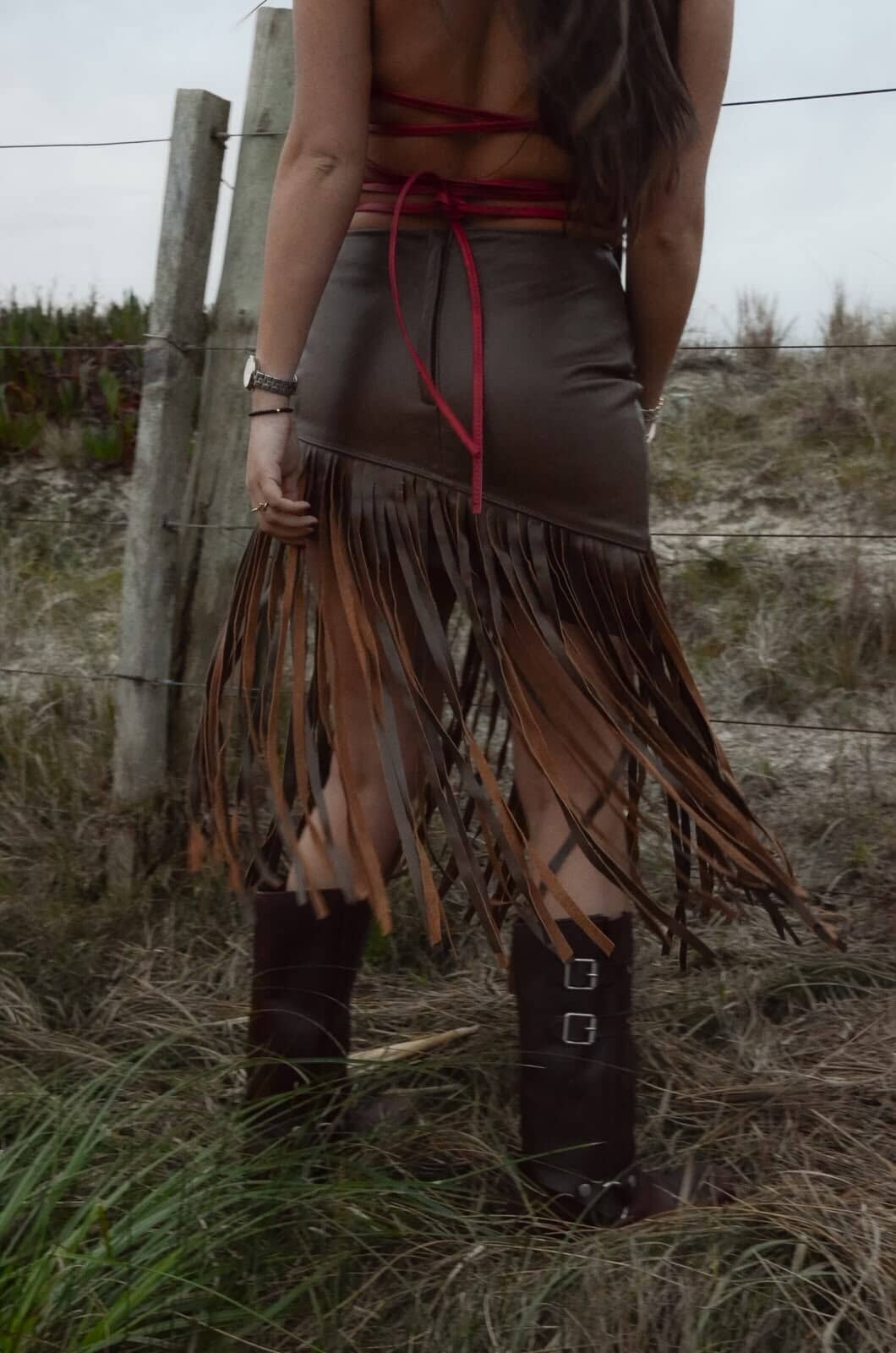 Leather Fringes Brown Skirt