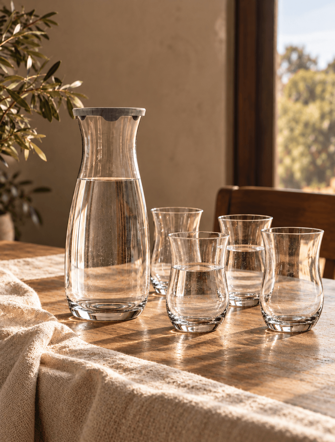 Set de jarra con tapa y 4 vasos de vidrio