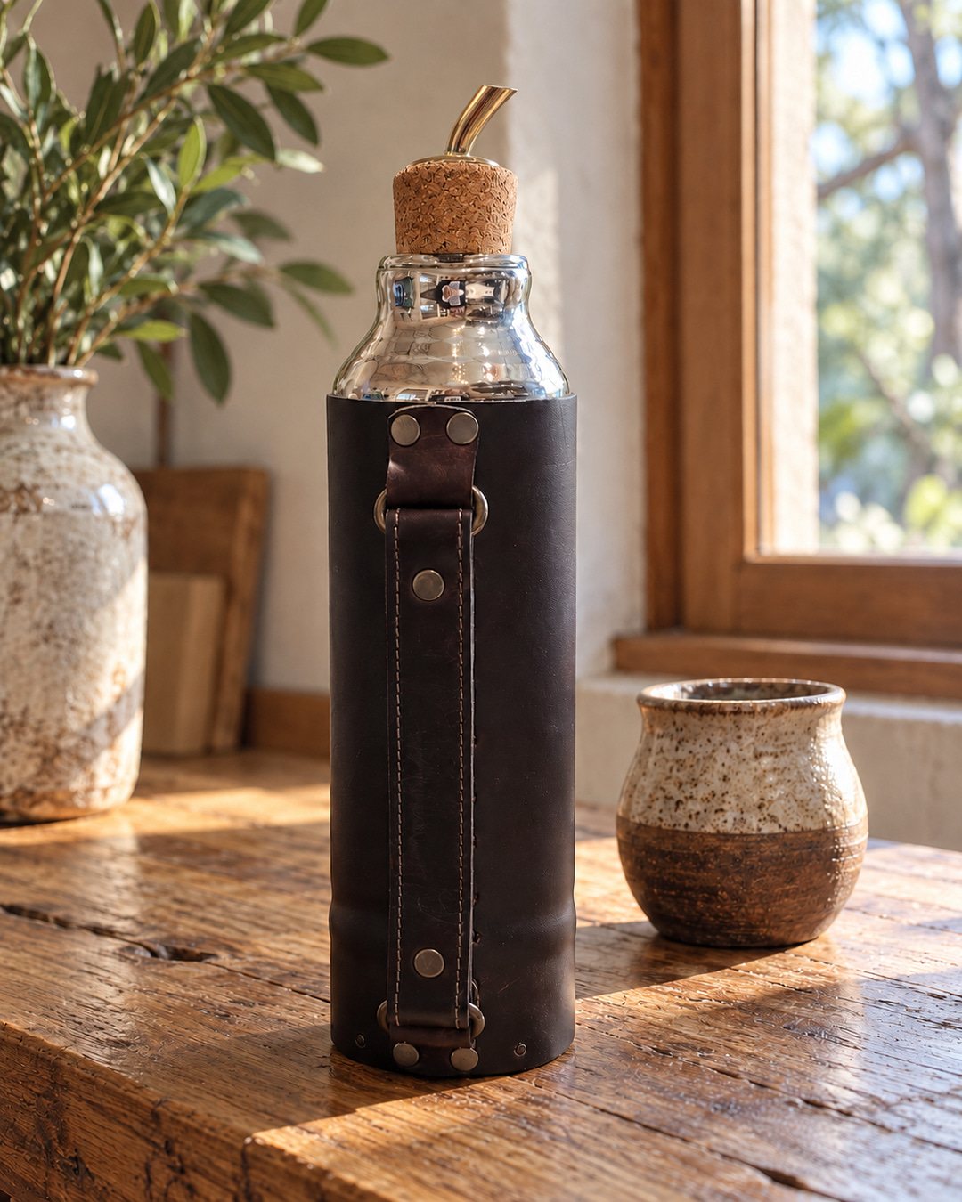 TERMO DE VIDRIO CON CUERO Y CORCHO 1l